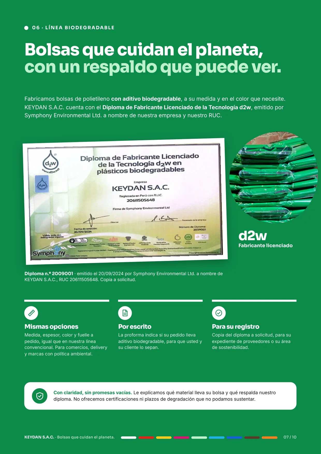 Línea biodegradable con diploma de fabricante licenciado d2w