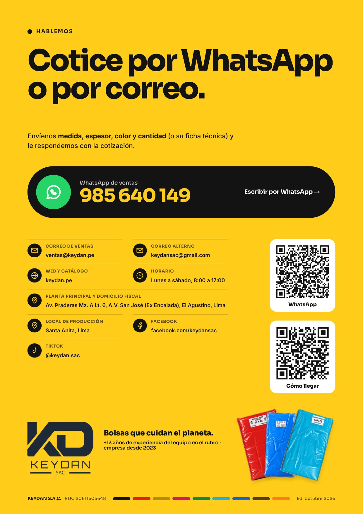Contacto: WhatsApp 985 640 149, ventas@keydan.pe, keydansac@gmail.com, Av. Praderas, El Agustino, Lima