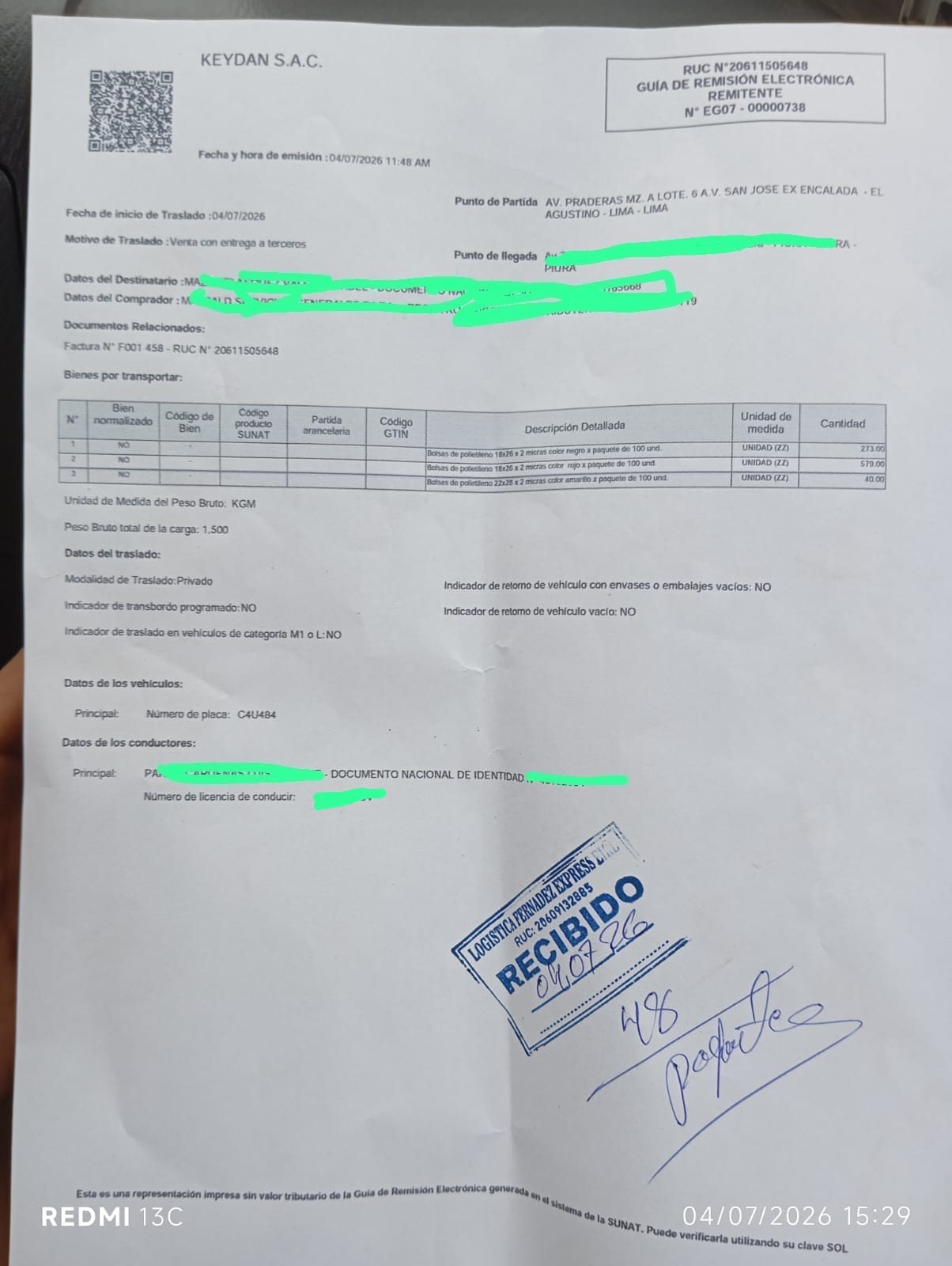 Guía de remisión electrónica de un despacho real (datos del cliente reservados)